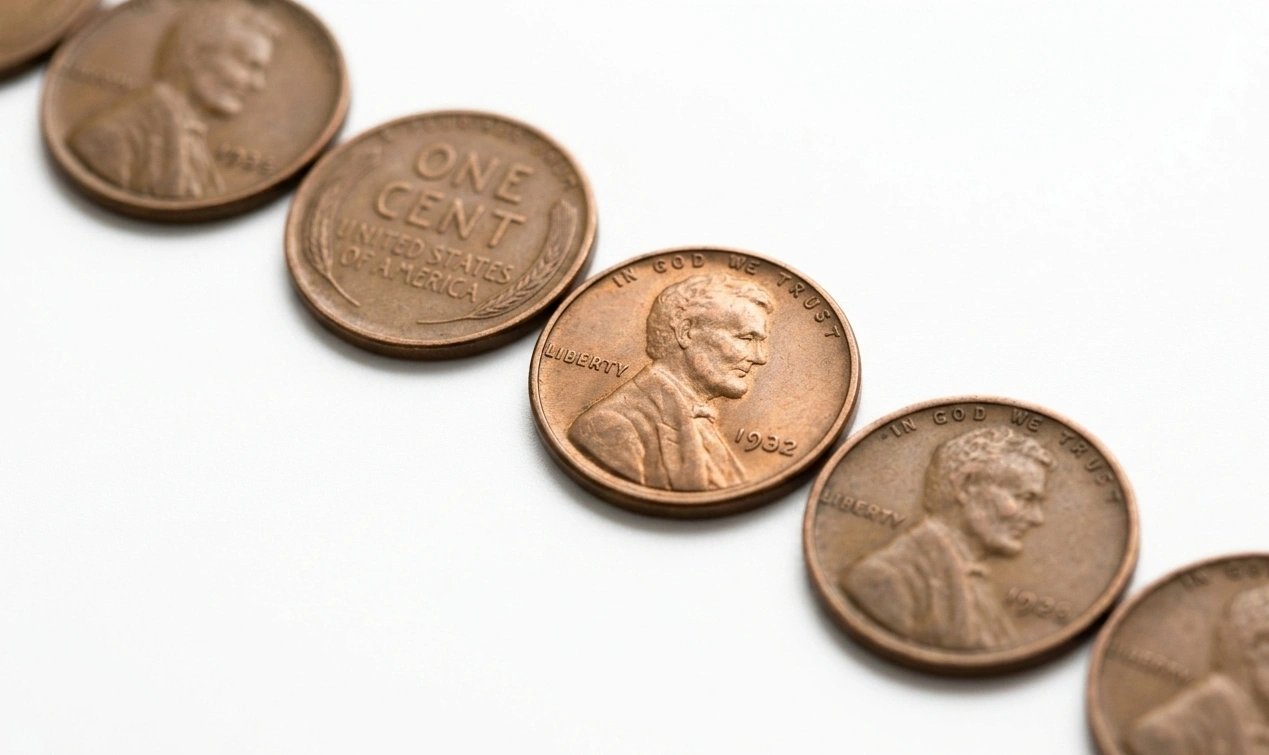 several wheat pennies with selective focus on one year