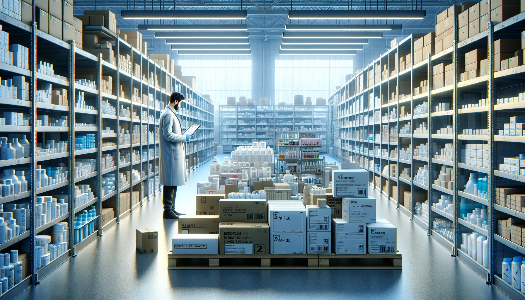 medical factory supplies storage is filled with various medical supplies such as boxes, bottles, and equipment, neatly organized on shelves and pallets.