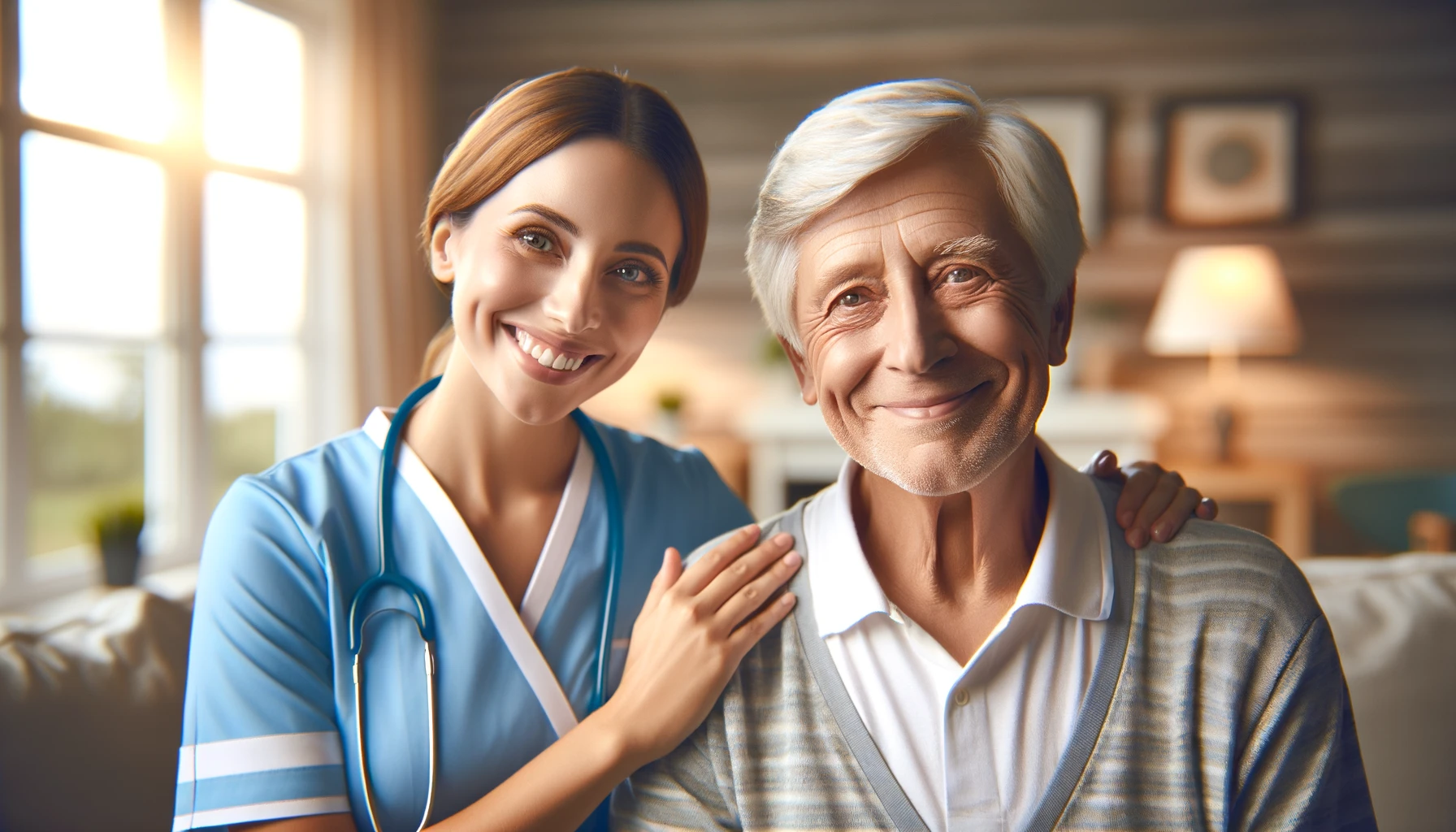 Happy woman, nurse and portrait of senior man with support, medical service and helping patient in retirement