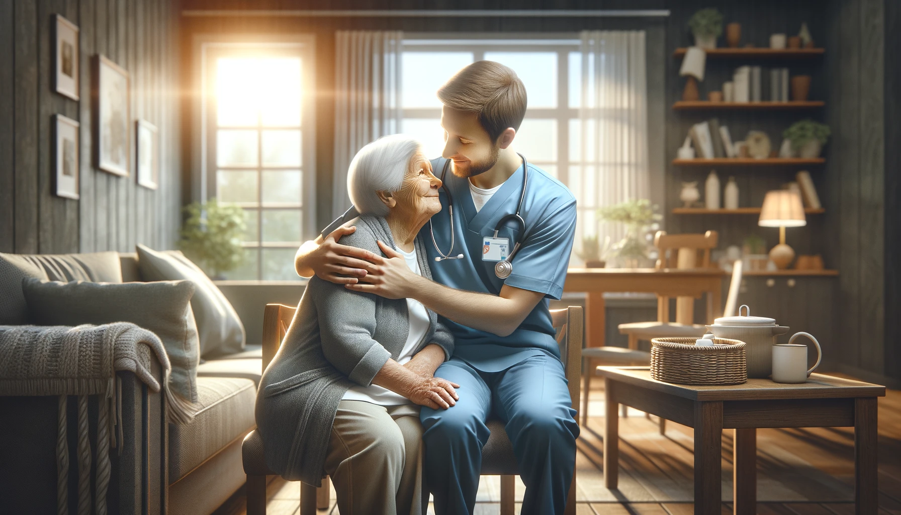 healthcare professional, dressed in a uniform that signifies their medical role, warmly hugging a senior patient.