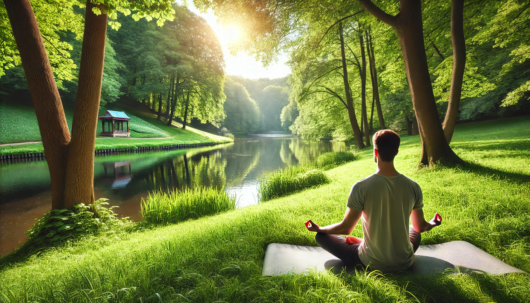 A peaceful scene of a person practicing mindfulness meditation in a serene outdoor setting. 