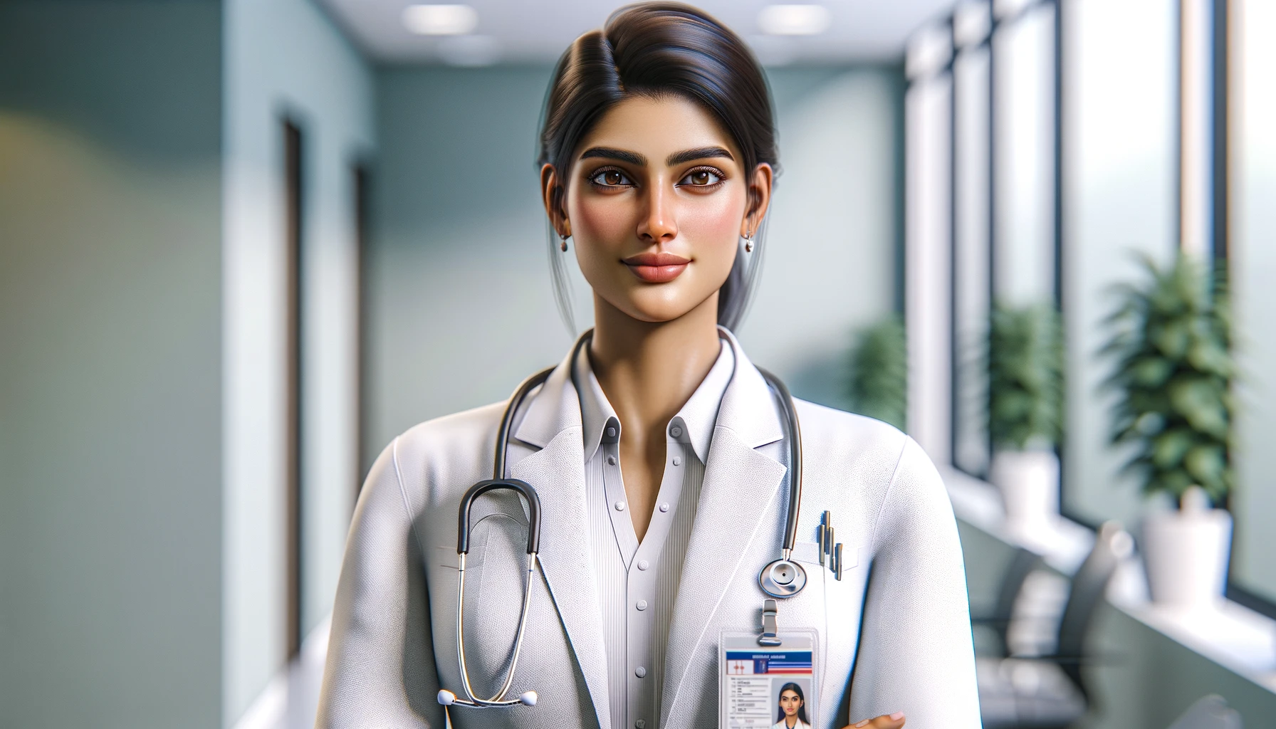 handsome Indian doctor woman, standing confidently in her medical attire.