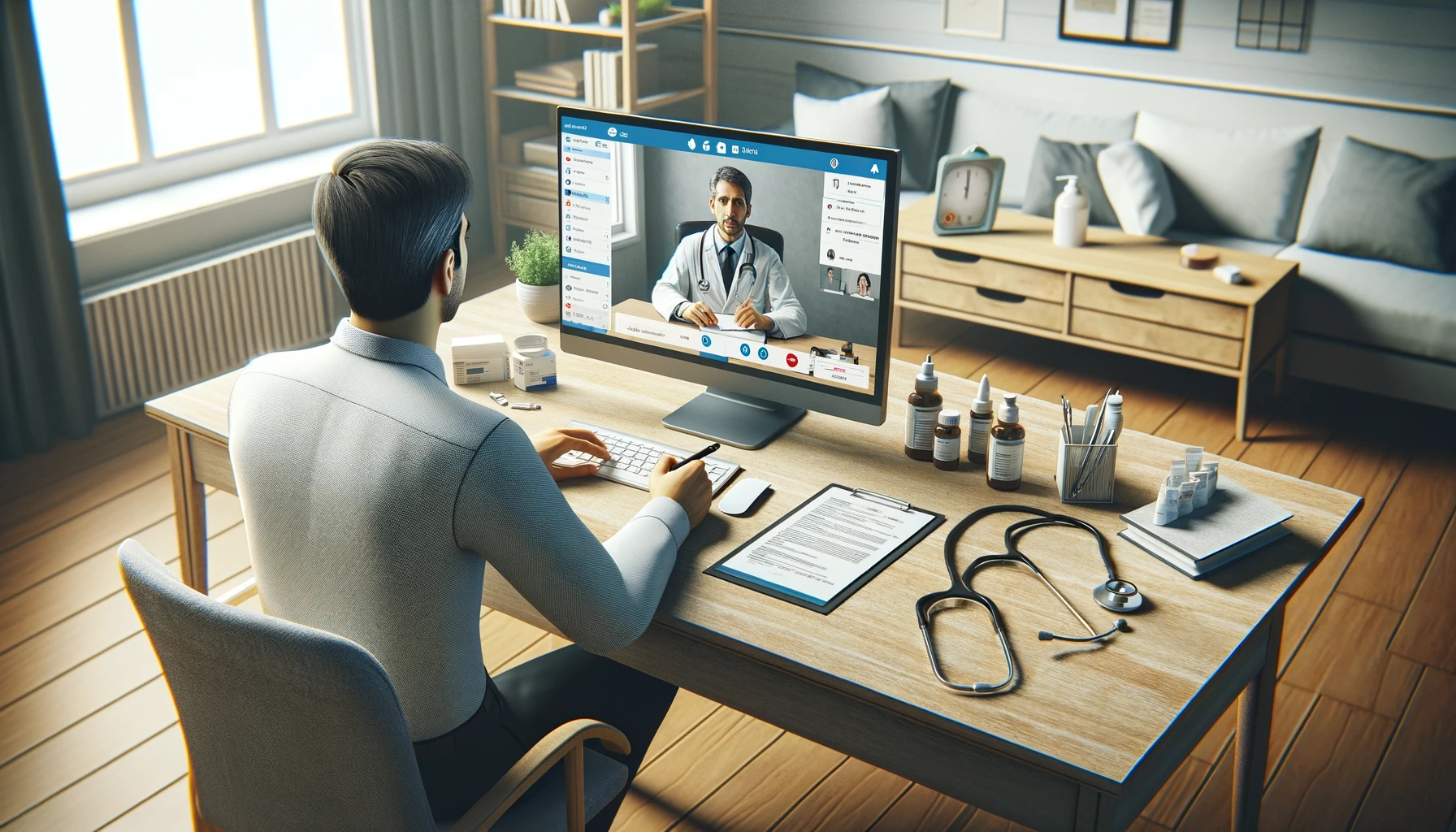 view over the shoulder of a client sitting at a desk receiving a medical consultation online.