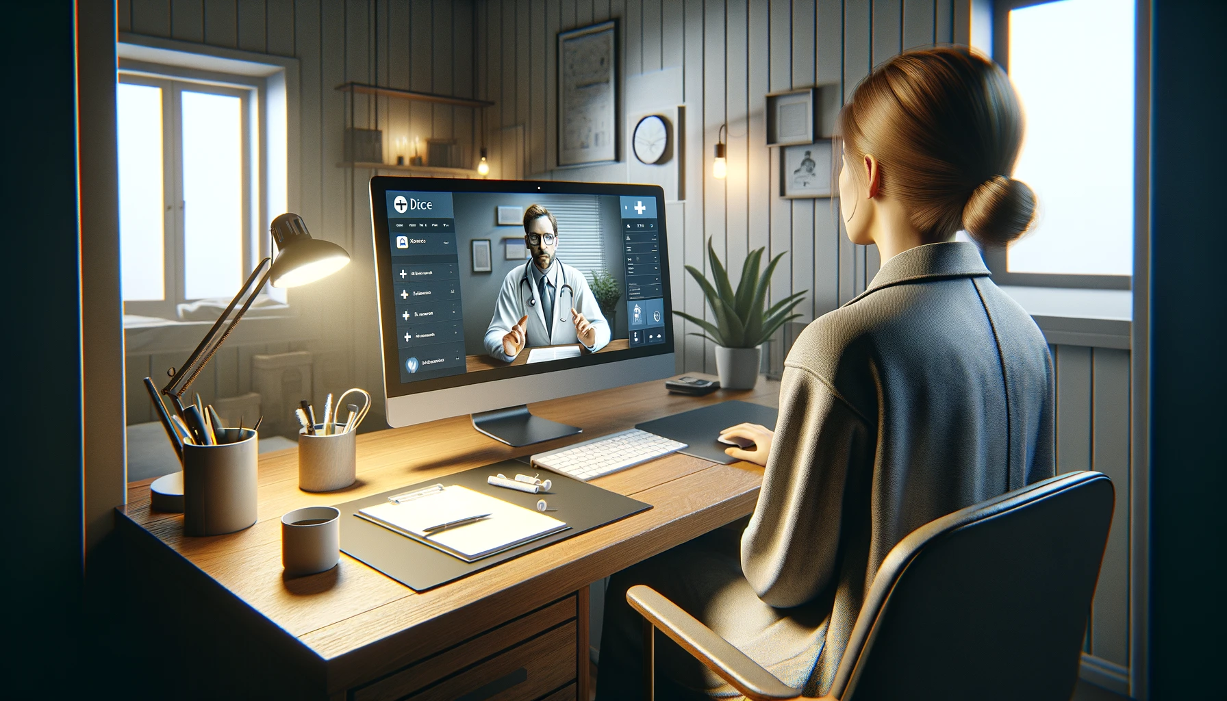 Woman patient sit at a desk, receiving a medical consultation online.