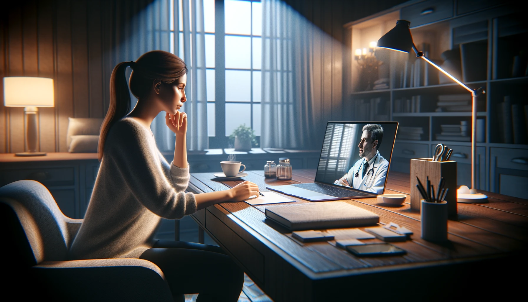 woman at home, consulting with a doctor online through her laptop.