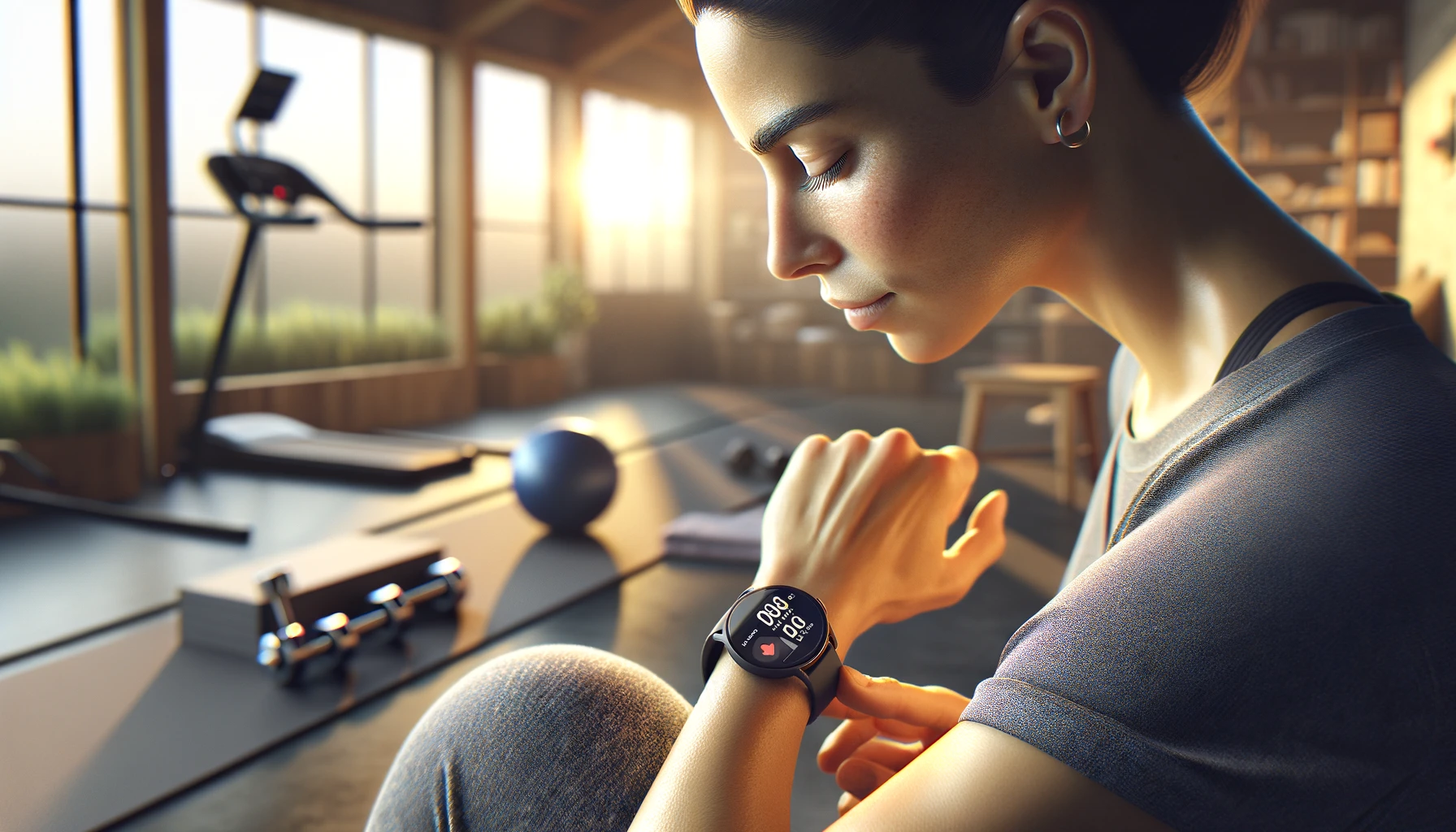 Over-the-shoulder view of a fit and handsome woman resting after exercising at home, looking at her smart watch.