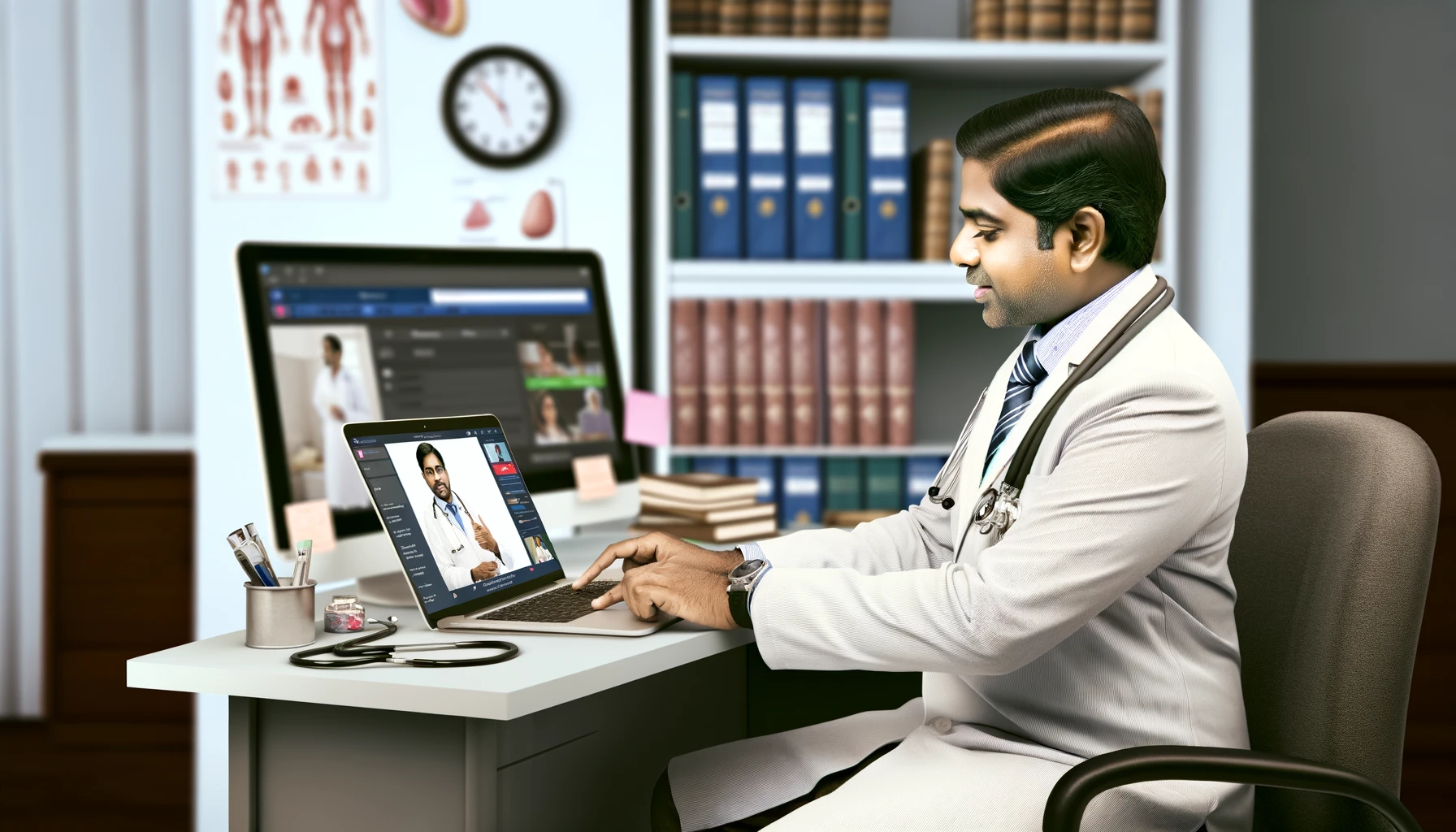 Indian doctor, dressed in professional attire, using a laptop while engaging in a conversation with a patient during an online consultation.