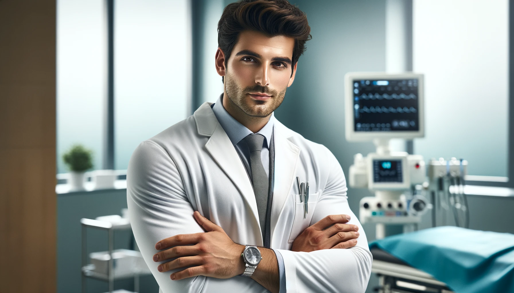 a handsome Turkish man  surgeon doctor of nose job in Turkey, wearing a white blazer coat with his arms crossed over his chest.
