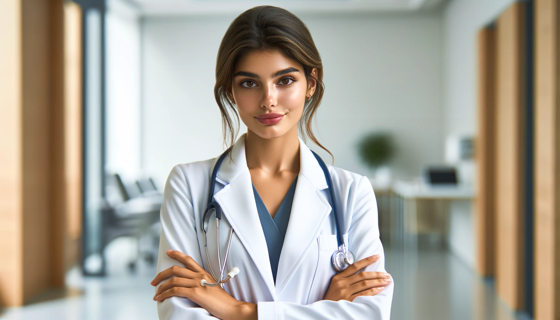 a handsome Turkish woman surgeon of Turkey rhinoplasty wearing a white blazer coat with her arms crossed on her chest.