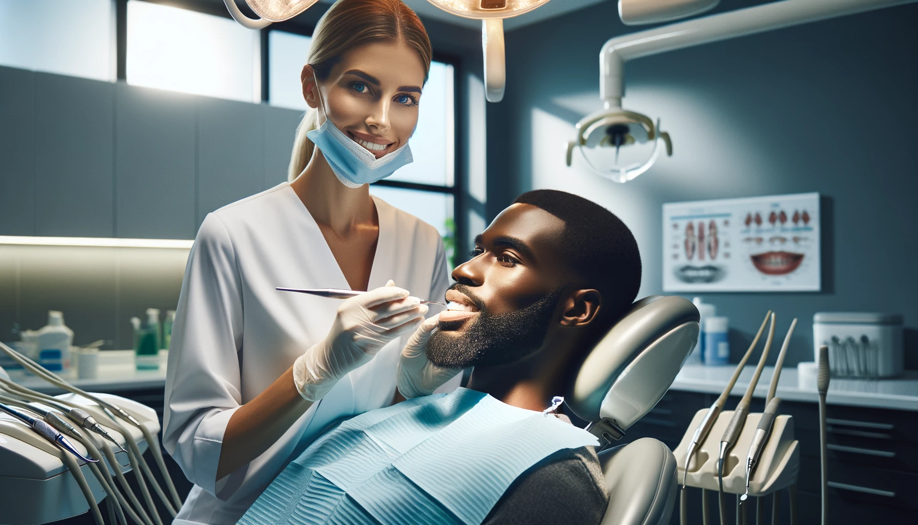 a woman dentist providing treatment to a male patient in a modern dental clinic