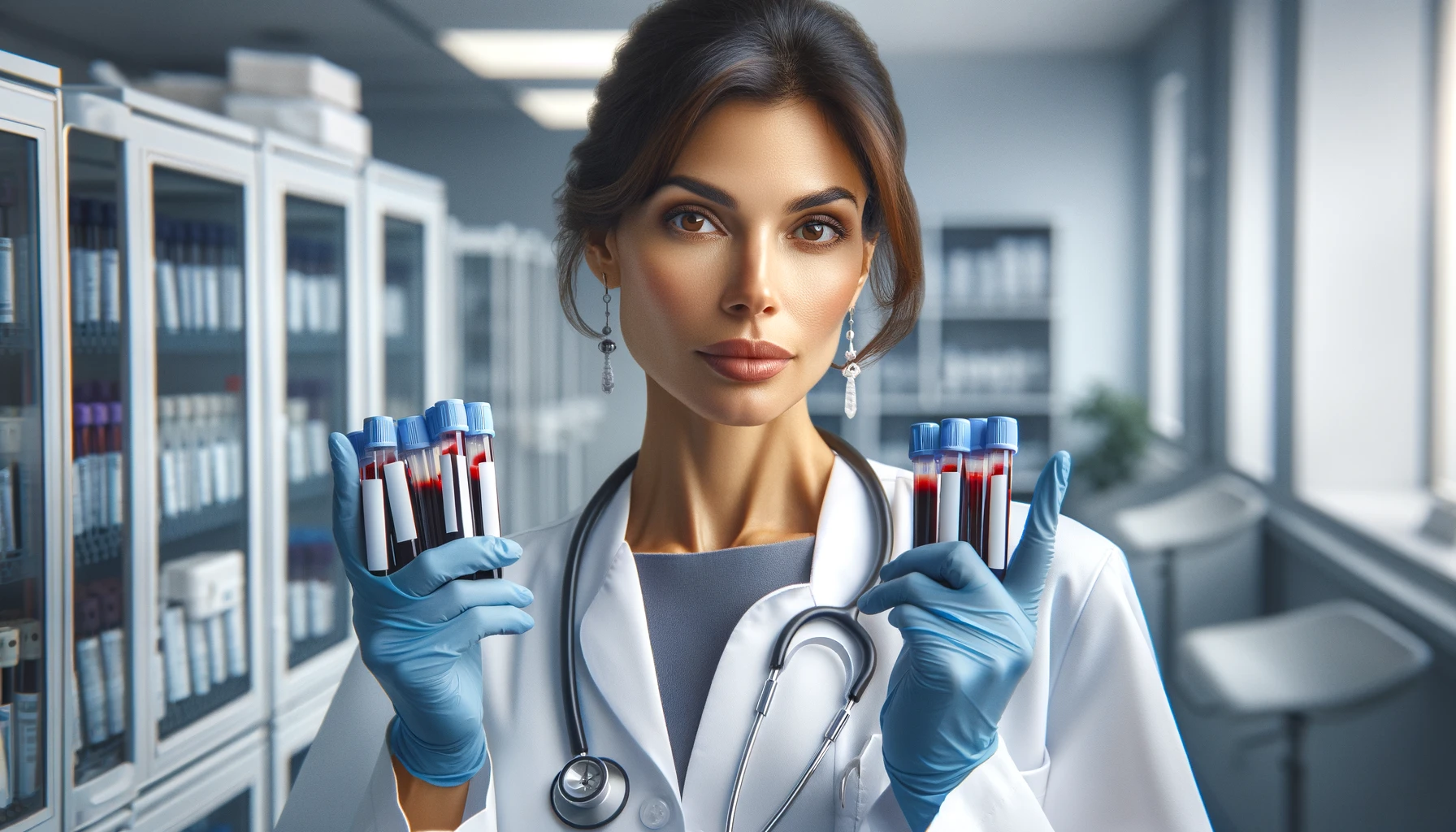 a female nurse holding blood collection tubes, captured in a clinical setting