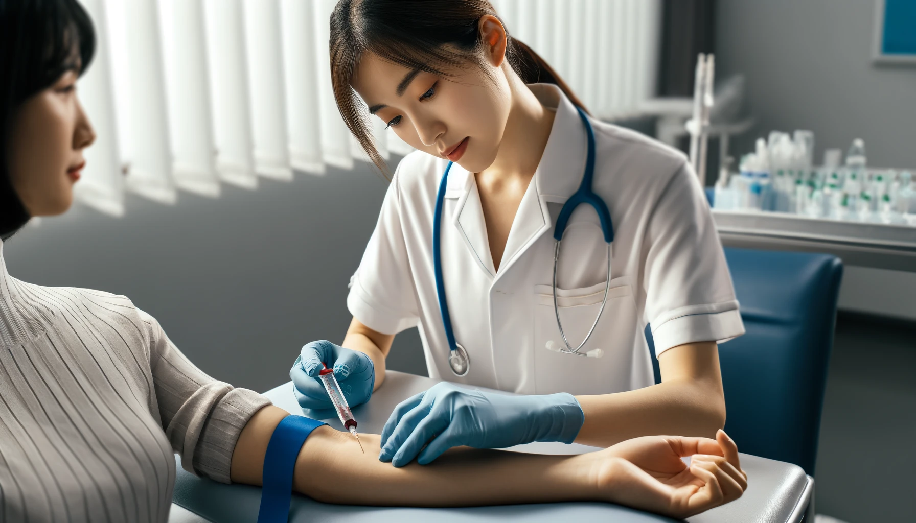 an Asian Chinese nurse drawing blood from a female Chinese patient's arm in a clinic