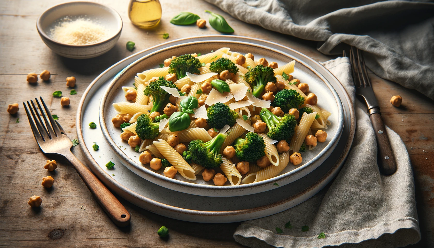 chickpea and broccoli pasta, served on a modern plate