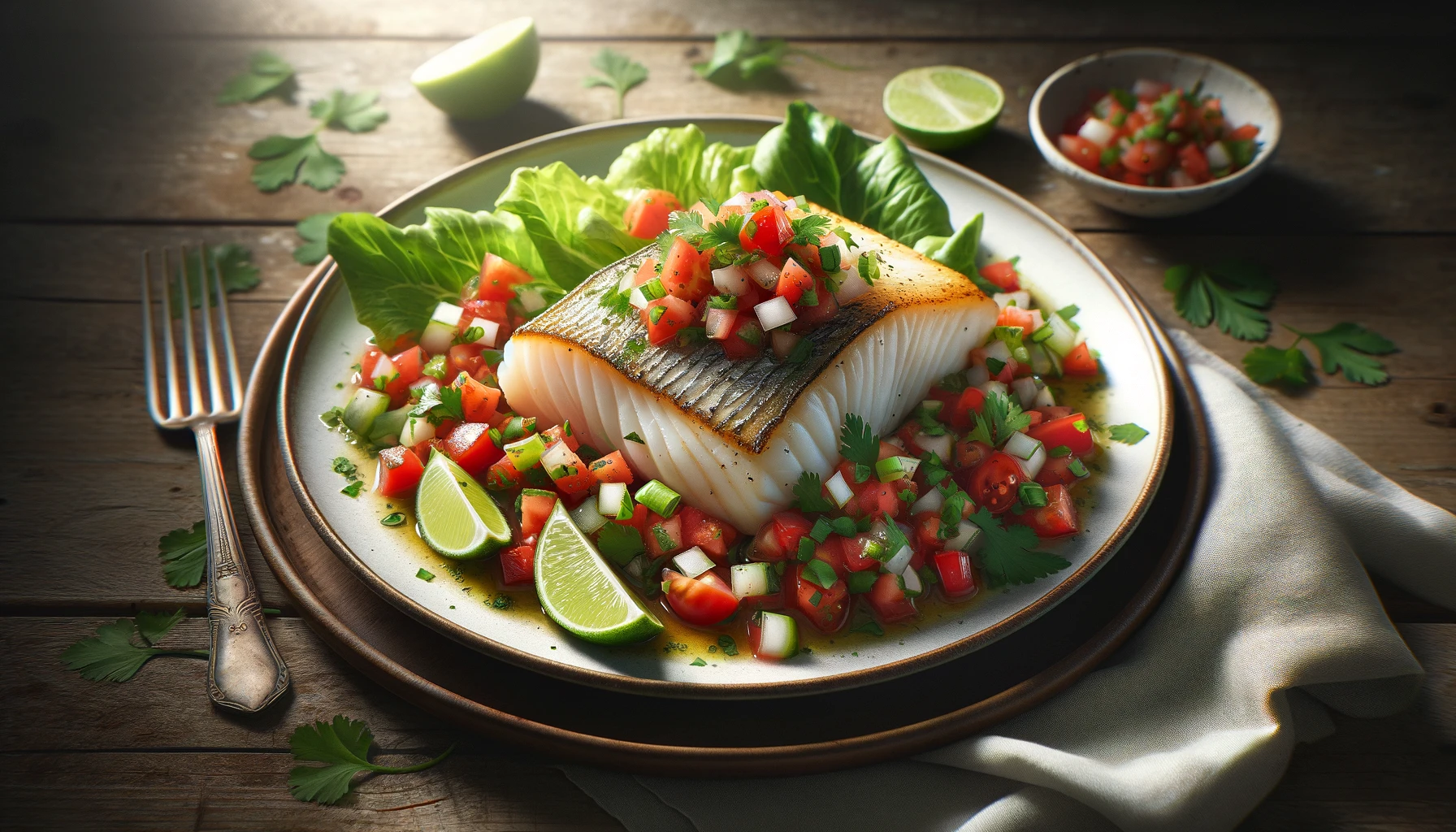 Cod and Salsa Salad, beautifully presented on an elegant plate