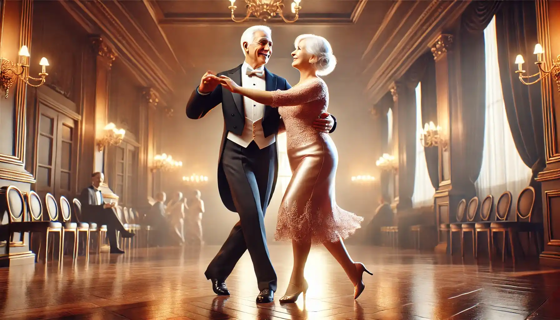 An elderly couple is dancing a waltz in a warmly lit dance hall. 