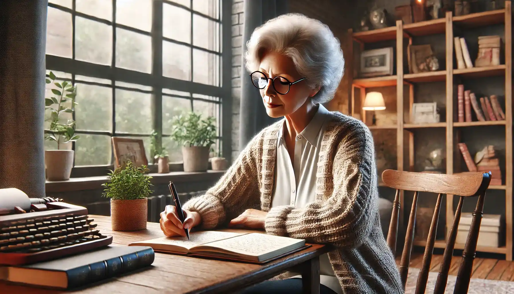 An elderly woman is sitting at a wooden desk by a window, writing in her diary. 