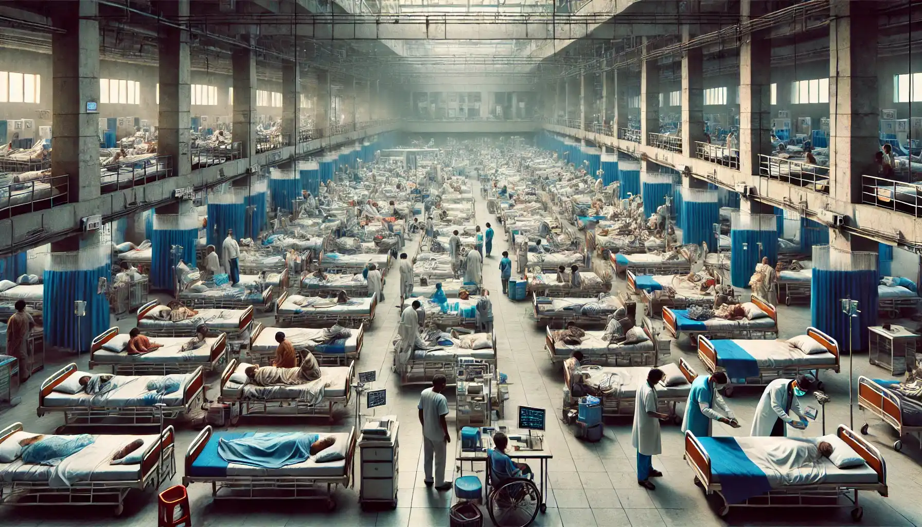 an overcrowded Indian hospital with rows of beds filled with patients. Doctors and nurses are attending to patients amidst limited space, and medical equipment appears outdated.