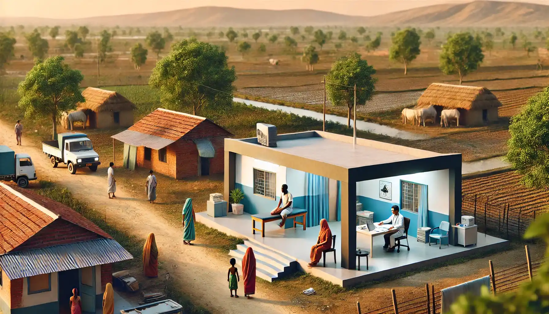 a rural healthcare clinic in India, showing a small building surrounded by a rural landscape.
