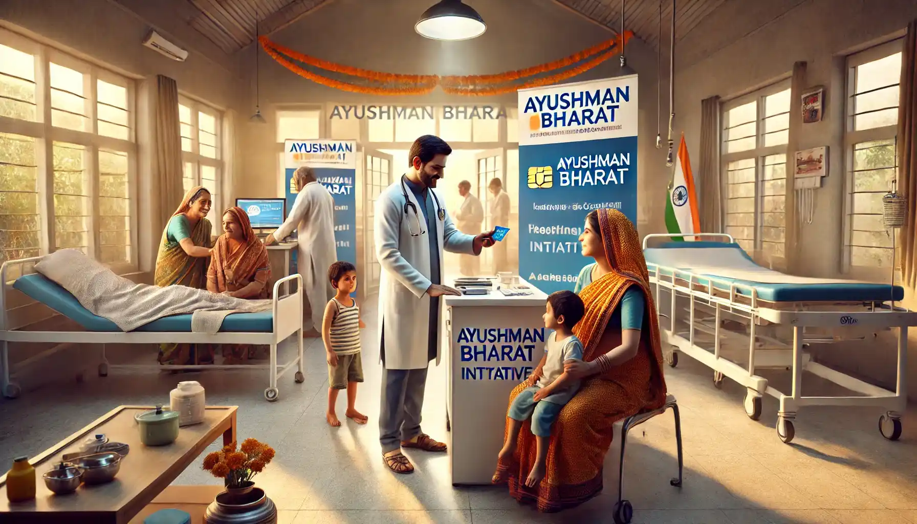 a rural Indian setting using Ayushman Bharat cards at a modern healthcare facility. 