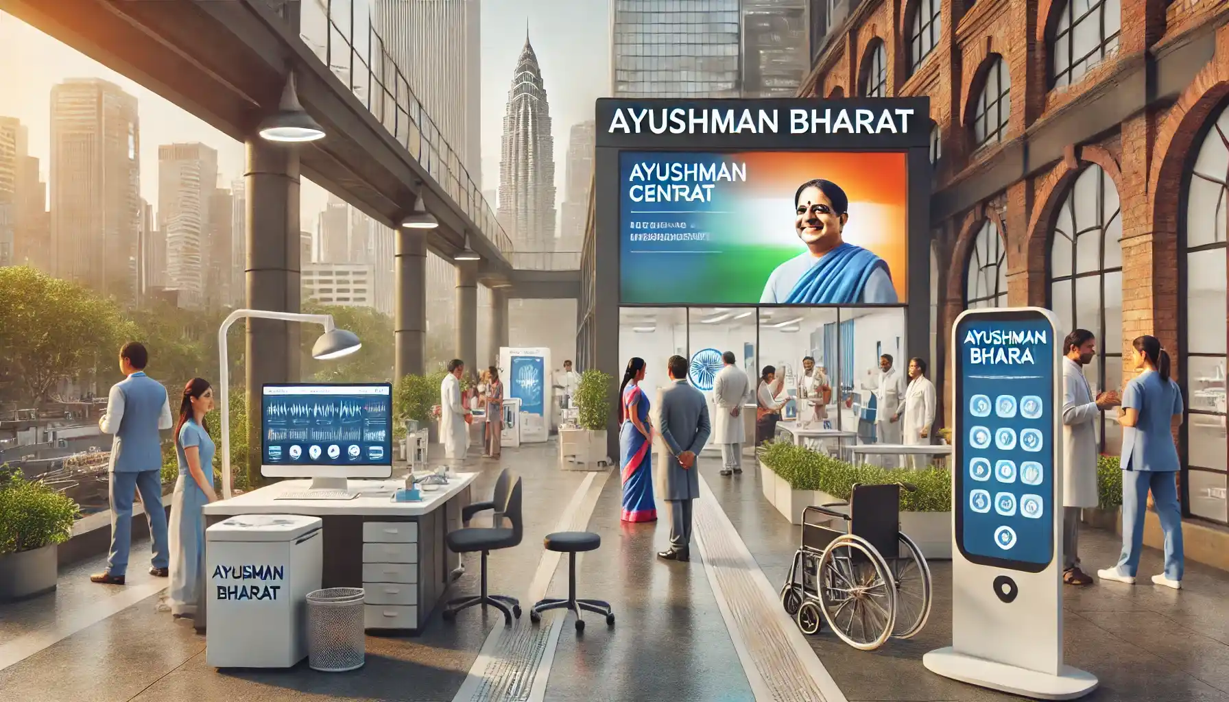 a bustling Health and Wellness Center under the Ayushman Bharat initiative in an urban Indian setting. 