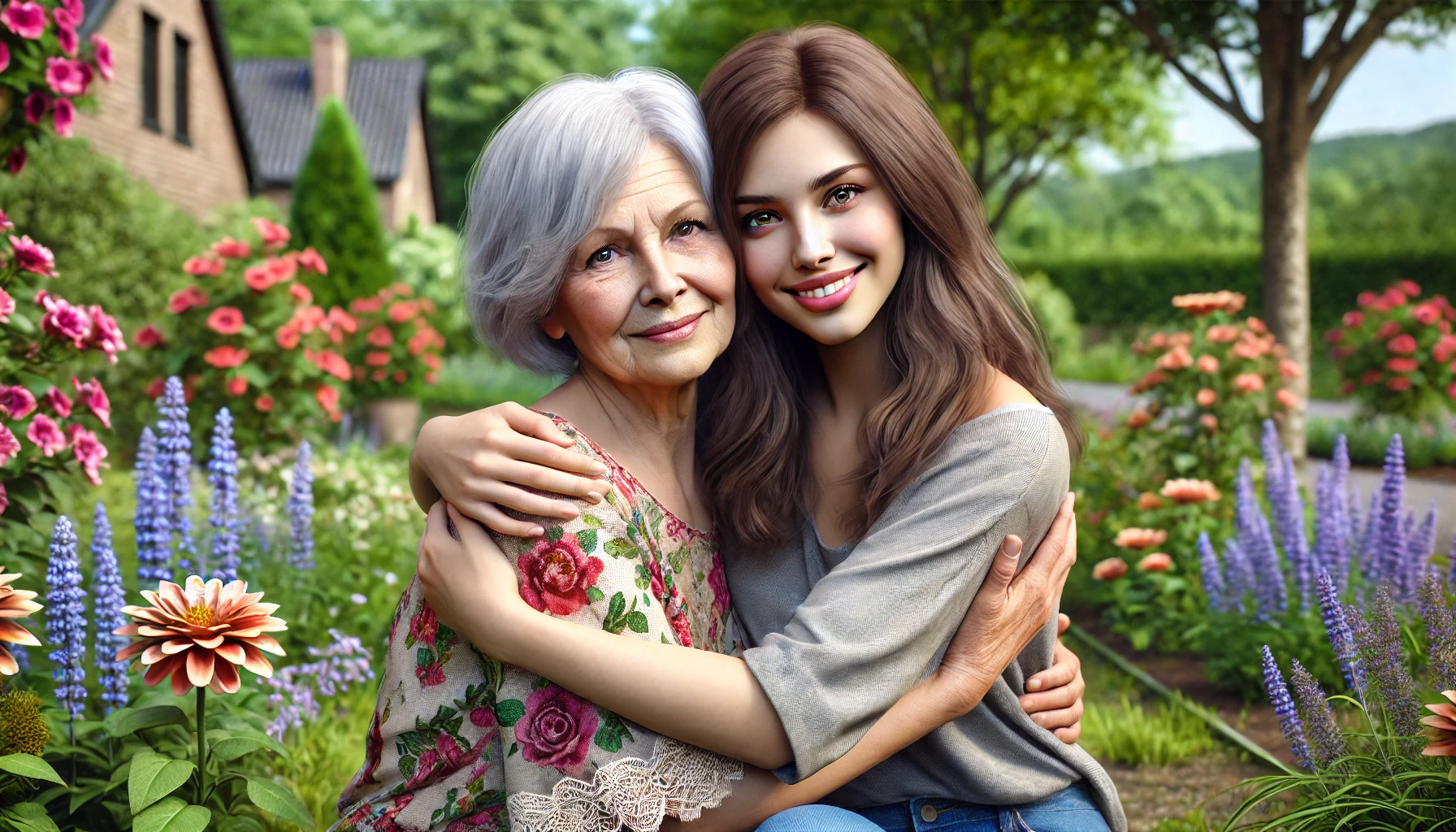 An elderly woman hugging her daughter. They are in a beautiful garden with colorful flowers and greenery. The elderly woman has gray hair and wears a floral dress, while the daughter has shoulder-length brown hair and wears casual clothes. 