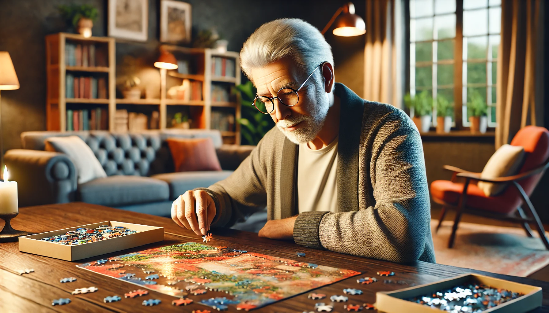 An elderly man playing puzzles. He is sitting at a wooden table in a cozy living room with warm lighting. The elderly man has gray hair and glasses, and he is focused on assembling a colorful jigsaw puzzle.