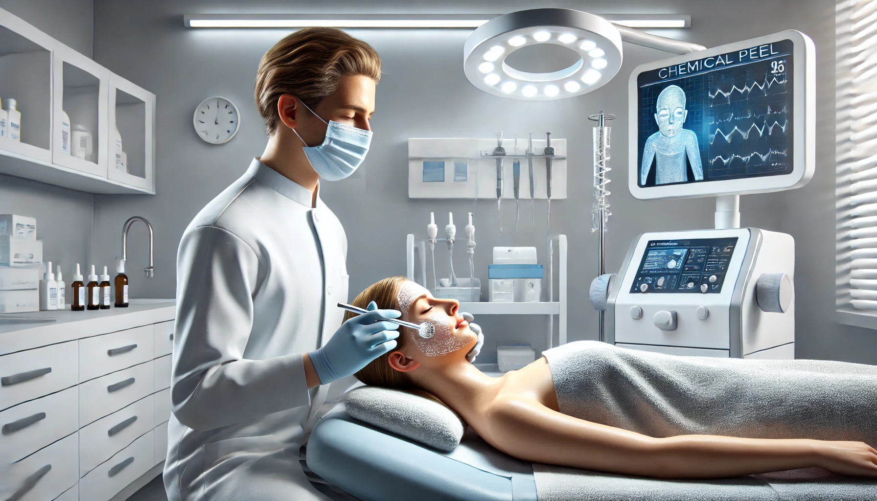 A modern dermatology clinic scene showing a dermatologist in a clean, professional setting, applying a chemical peel treatment to a patient's face. 