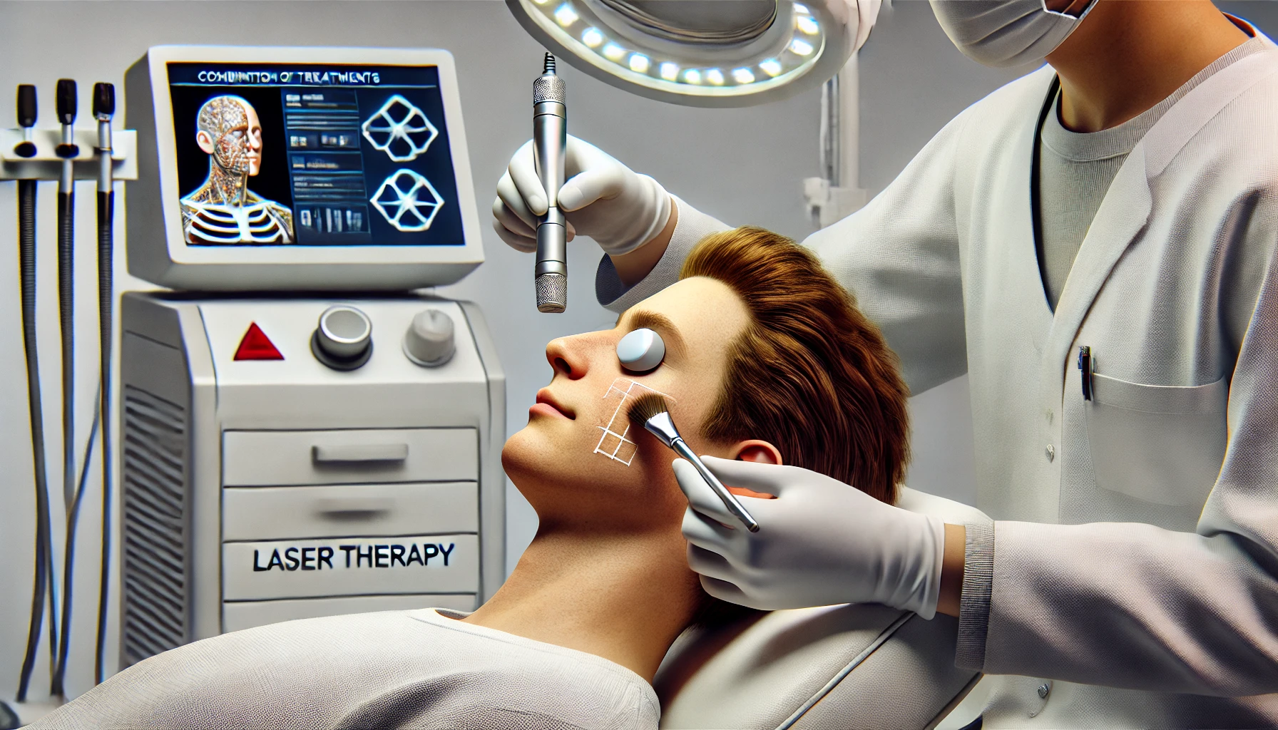 A patient undergoing a chemical peel procedure in a dermatology clinic. The image captures the moment when the dermatologist is carefully applying a chemical solution to the patient’s face using a brush.