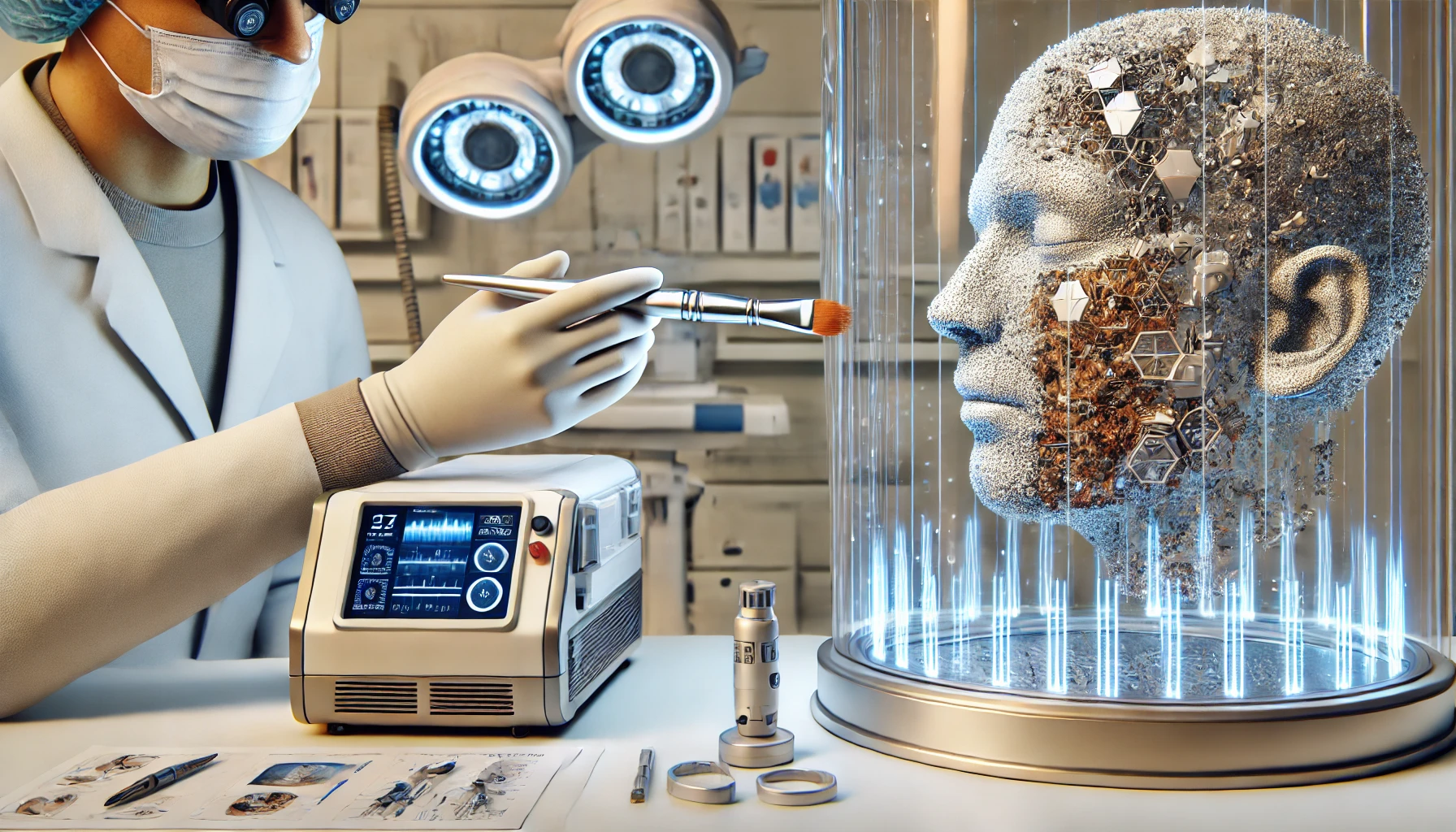 A patient undergoing a chemical peel procedure, with a laser therapy device also visible, emphasizing the combination of treatments available for post-acne care.