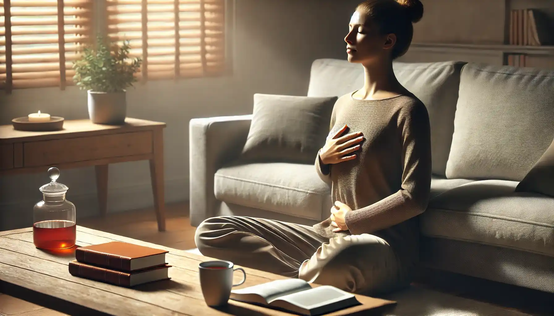 A person is practicing deep breathing exercises and sternum tapping method at home.