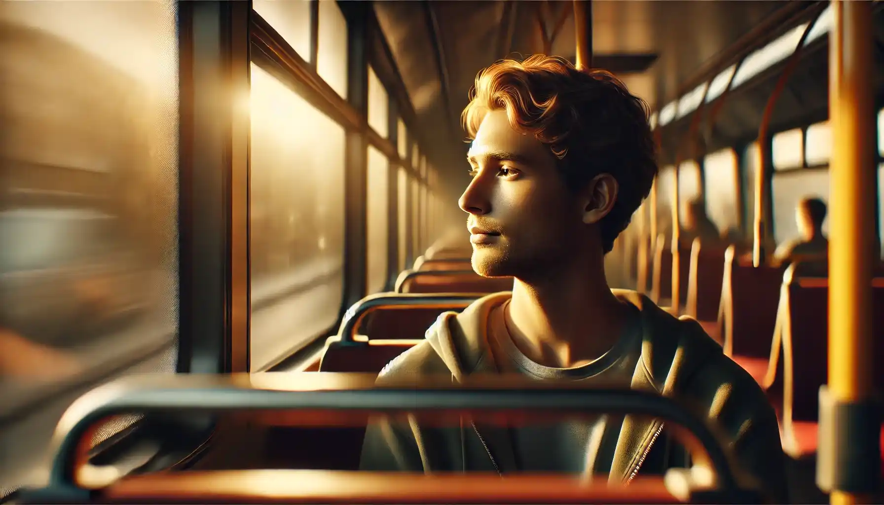 A man is sitting on a public transport bus, looking out the window with a calm and reflective expression.