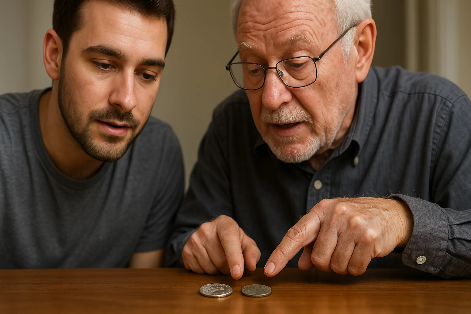An experienced collector points out worn details on a circulated quarter while discussing surface condition with a younger hobbyist.
