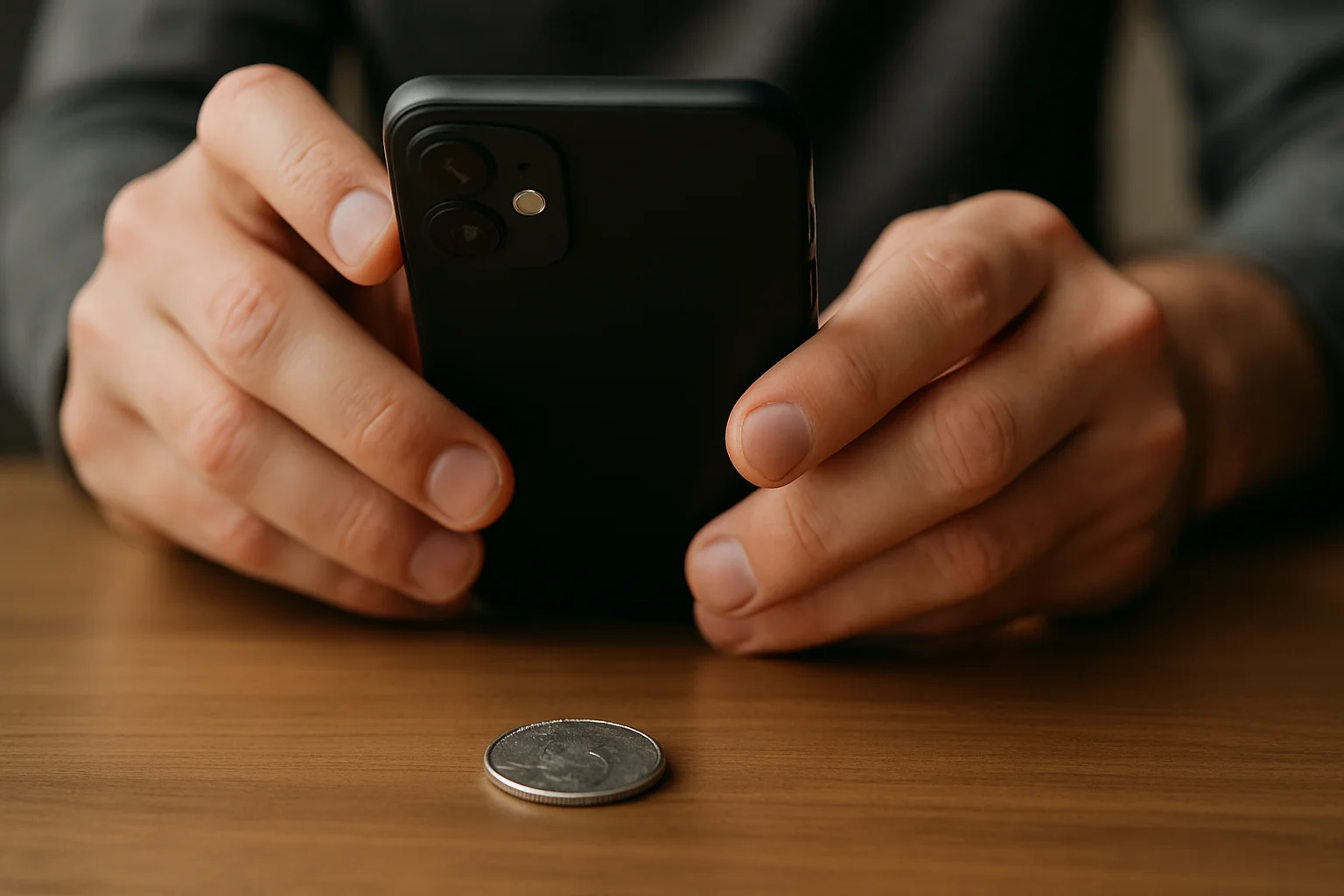 A collector photographs a quarter on the table to document its condition and compare details more accurately.